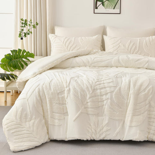 Comforter SetFloral Tufted Lightweight Bedding Comforter SetSoft Botanical Palm Leaf Pattern Bed Set3 Pieces1 Natural Tropical Plants Comforter and 2 Pillow Shams (Ivory King Palm Leaf)