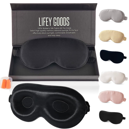 LifeyGoods Pure Mulberry Silk Sleep Mask with Eye Cups 3D Contoured Silk Eye Mask for Sleeping Super Soft Breathable Blindfold Perfect Light Blocking Ideal for Men & Women (Black)